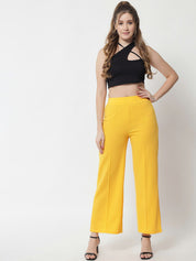 Kotty Women Yellow Solid Relaxed Straight Fit Easy Wash Pleated Trousers