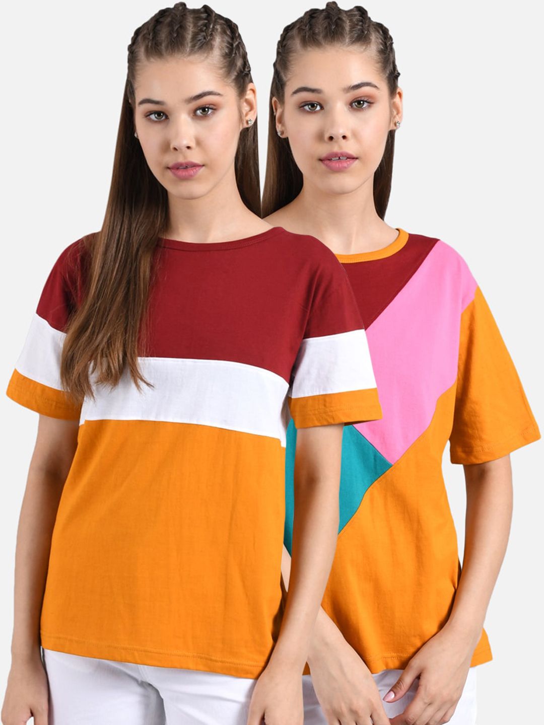 Kotty Women Set Of 2 Colourblocked Round Neck T-shirts