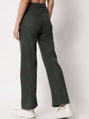 Kotty Women Olive Green Cotton Wide Leg Jeans