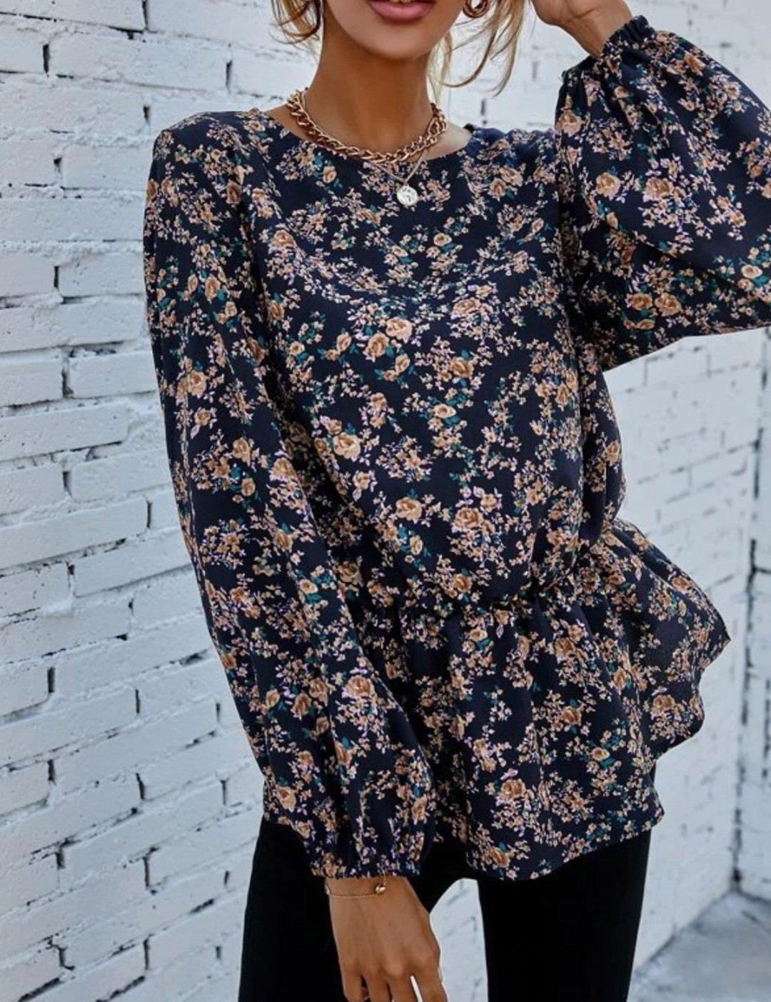 Kotty Blue Floral Printed Satin Cinched Waist Top