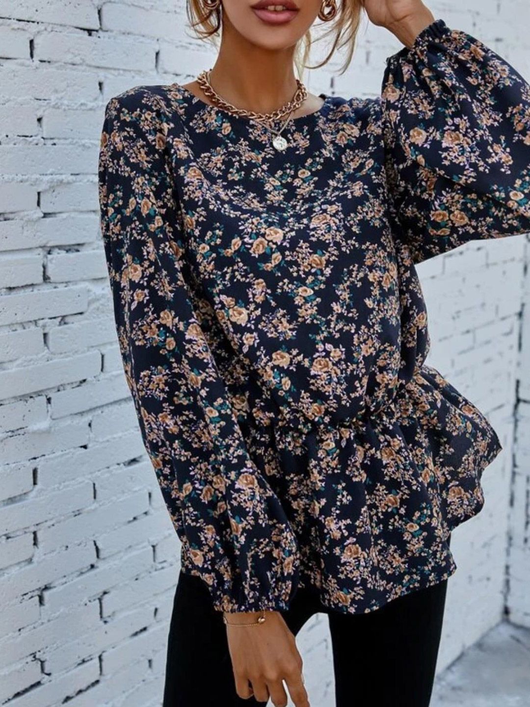 Kotty Blue Floral Printed Satin Cinched Waist Top