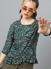 Kotty Green & White Abstract Print Crepe Top