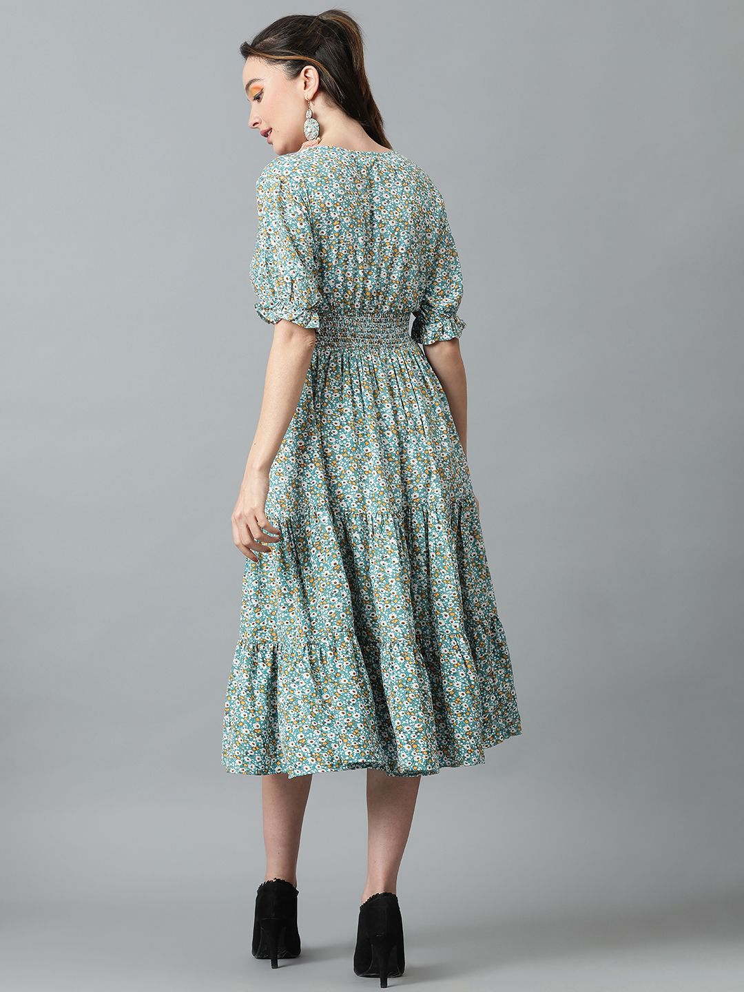 Kotty Floral Printed V-Neck Puff Sleeve Layered Crepe Fit & Flare Midi Dress