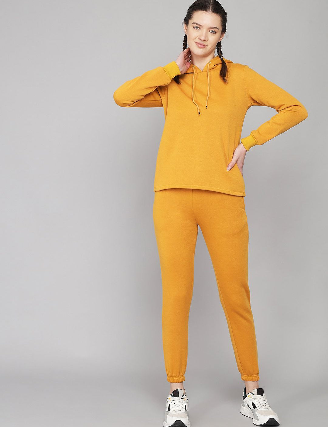 Kotty Women Mustard Solid Hooded Sweatshirt & Pants