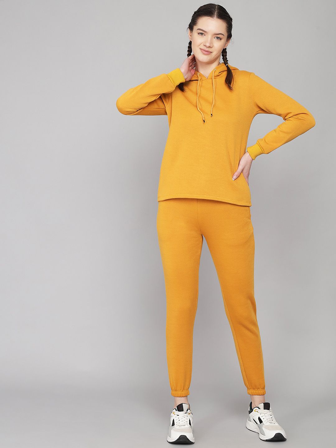 Kotty Women Mustard Solid Hooded Sweatshirt & Pants