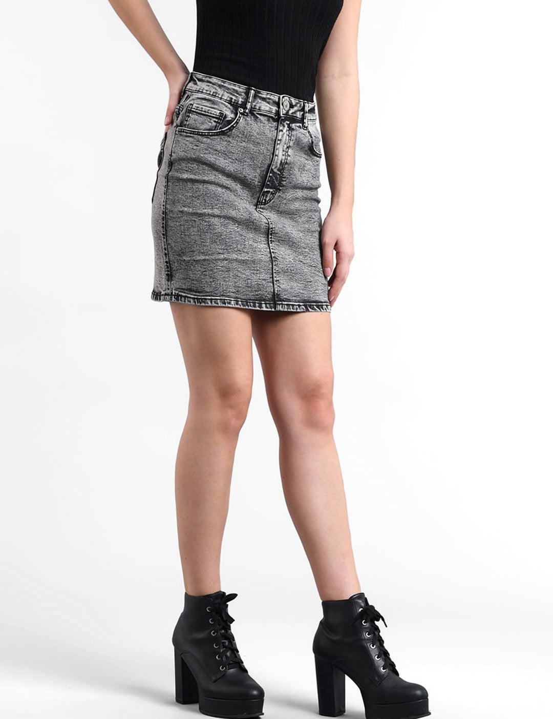 Kotty Women Grey Washed Denim Pencil Mini Skirt