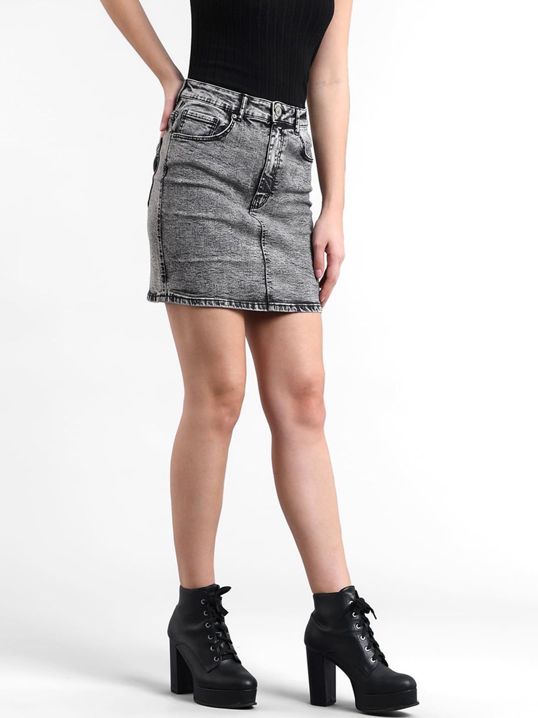 Kotty Women Grey Washed Denim Pencil Mini Skirt