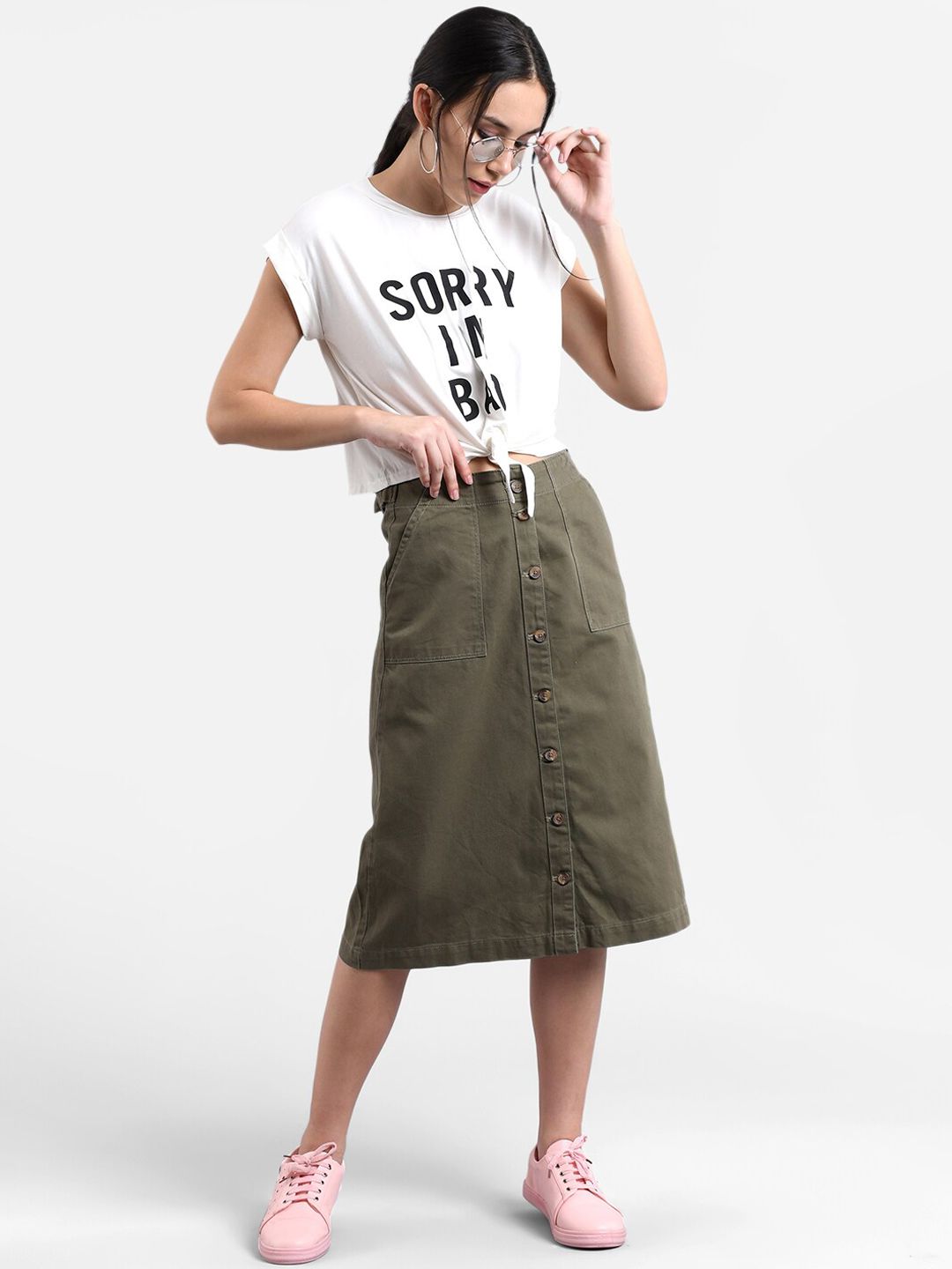 Kotty Women Olive Green Solid Midi A-Line Skirt
