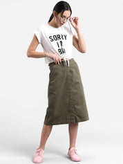 Kotty Women Olive Green Solid Midi A-Line Skirt