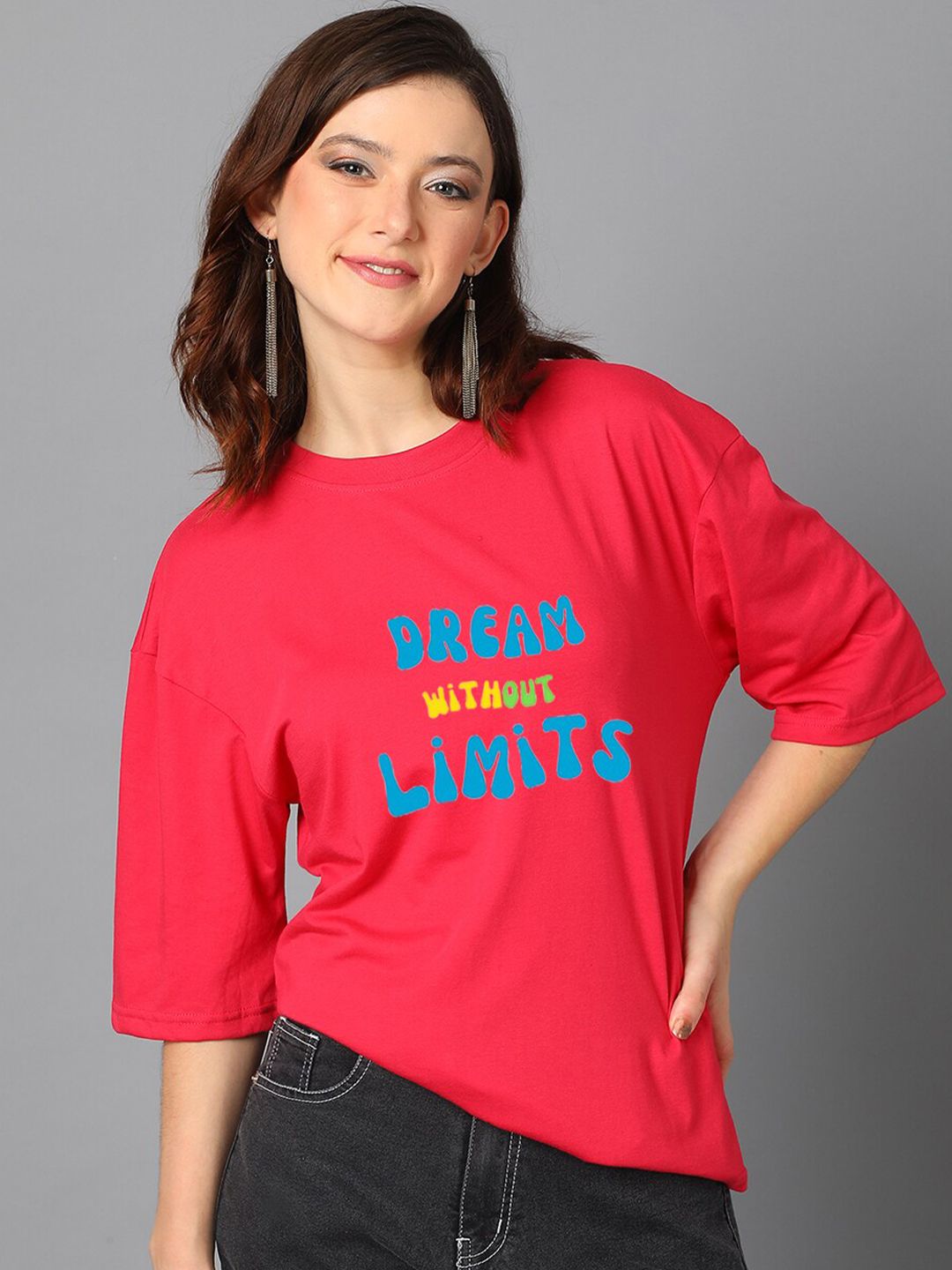 Kotty Pink Typography Printed Drop-Shoulder Sleeves Oversized T-shirt