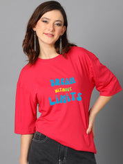 Kotty Pink Typography Printed Drop-Shoulder Sleeves Oversized T-shirt