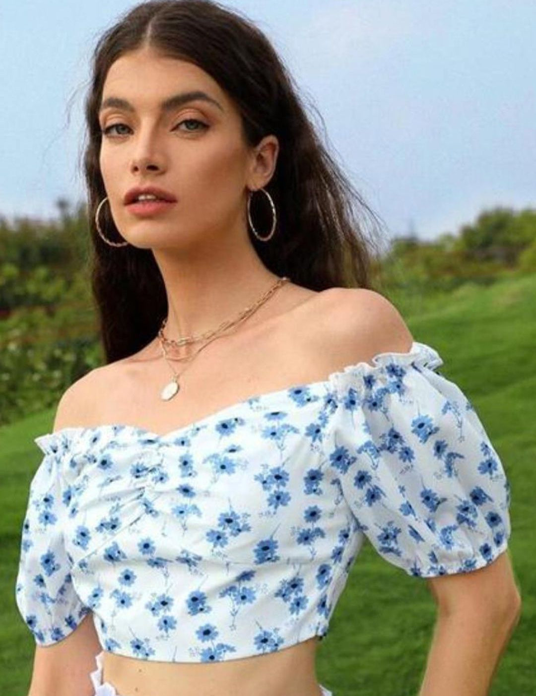 Kotty White Floral Printed Off-Shoulder Bardot Crop Top