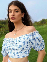 Kotty White Floral Printed Off-Shoulder Bardot Crop Top