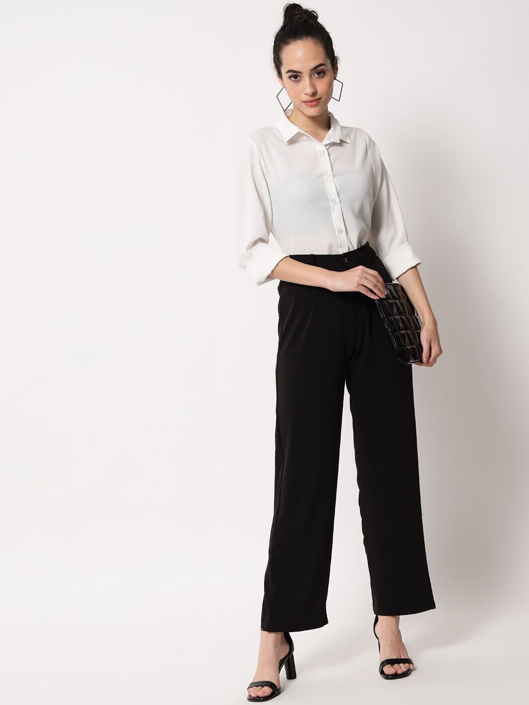 KOTTY BIZwear Women Black Relaxed Straight Leg Straight Fit High-Rise Easy Wash Pleated Trousers