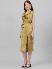 Kotty Green & White Floral Printed Cowl Neck Satin Sheath Midi Dress