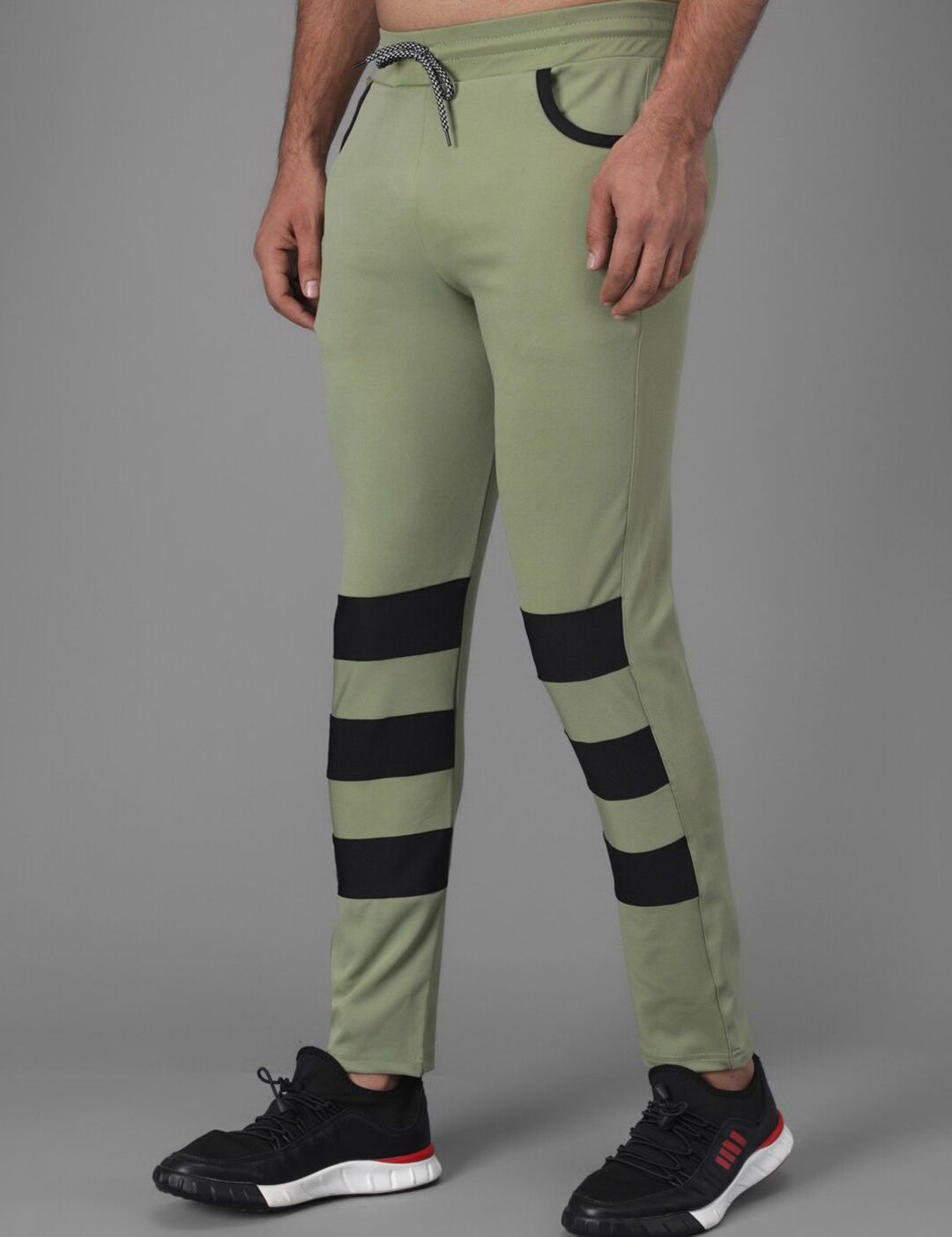 Kotty Men Olive Green & Black Striped Track Pants