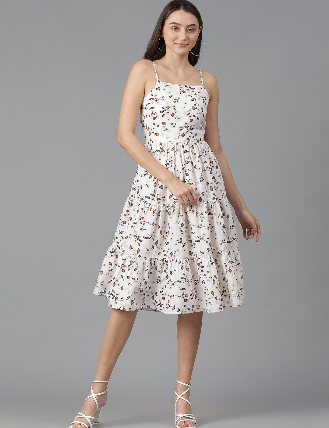 Kotty Floral Printed Shoulder Straps Sleeveless Layered Fit & Flare Dress