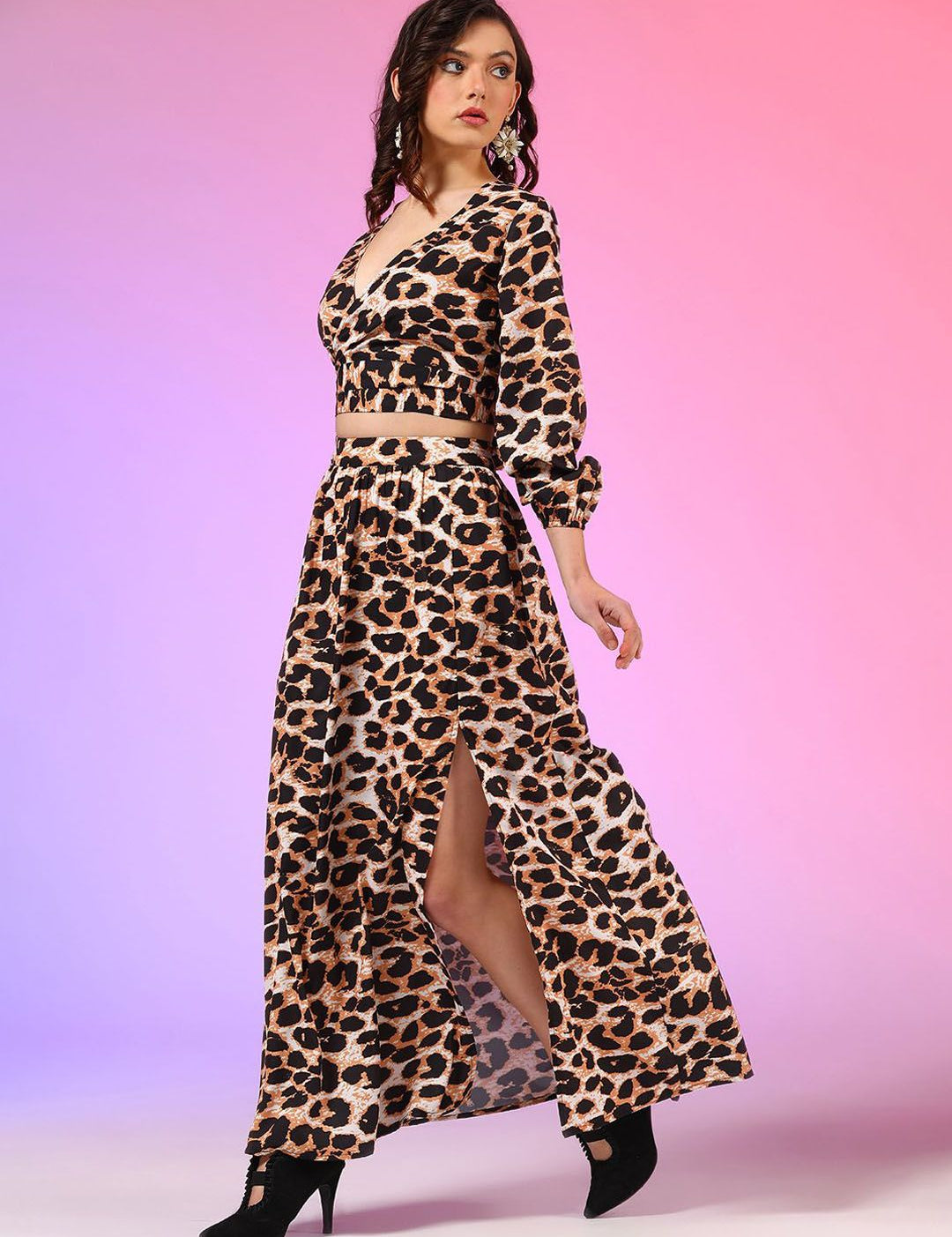 Kotty Black Printed V-Neck Top With Skirt