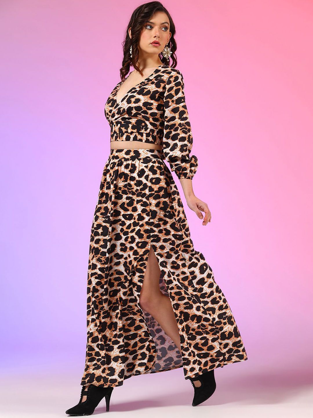 Kotty Black Printed V-Neck Top With Skirt