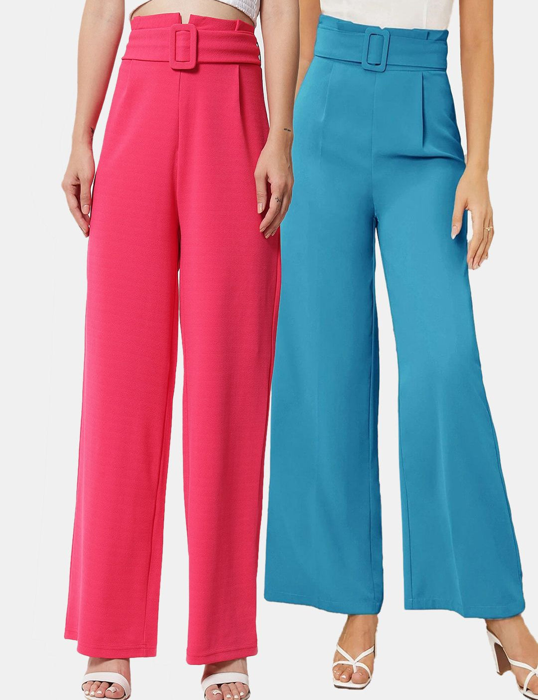 KOTTY BIZwear Womens Pack Of 2 Relaxed Straight Fit High-Rise Easy Wash Pleated Trousers