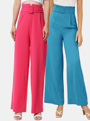 KOTTY BIZwear Womens Pack Of 2 Relaxed Straight Fit High-Rise Easy Wash Pleated Trousers