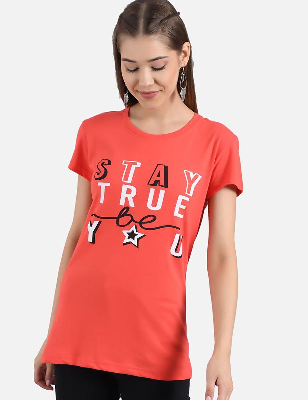 Kotty Women Navy Blue & Coral Orange Pack of 2 Printed T-shirt