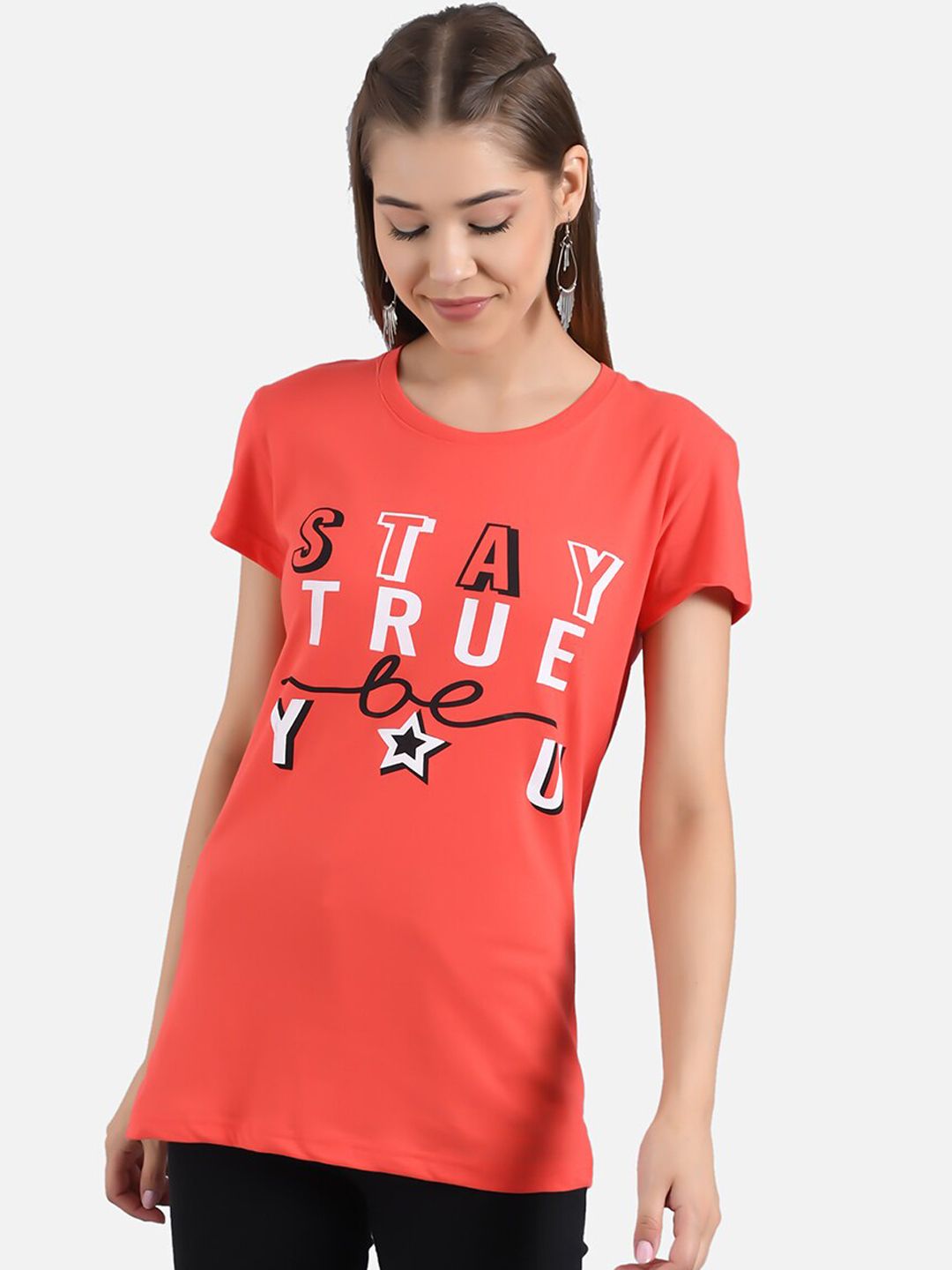 Kotty Women Navy Blue & Coral Orange Pack of 2 Printed T-shirt