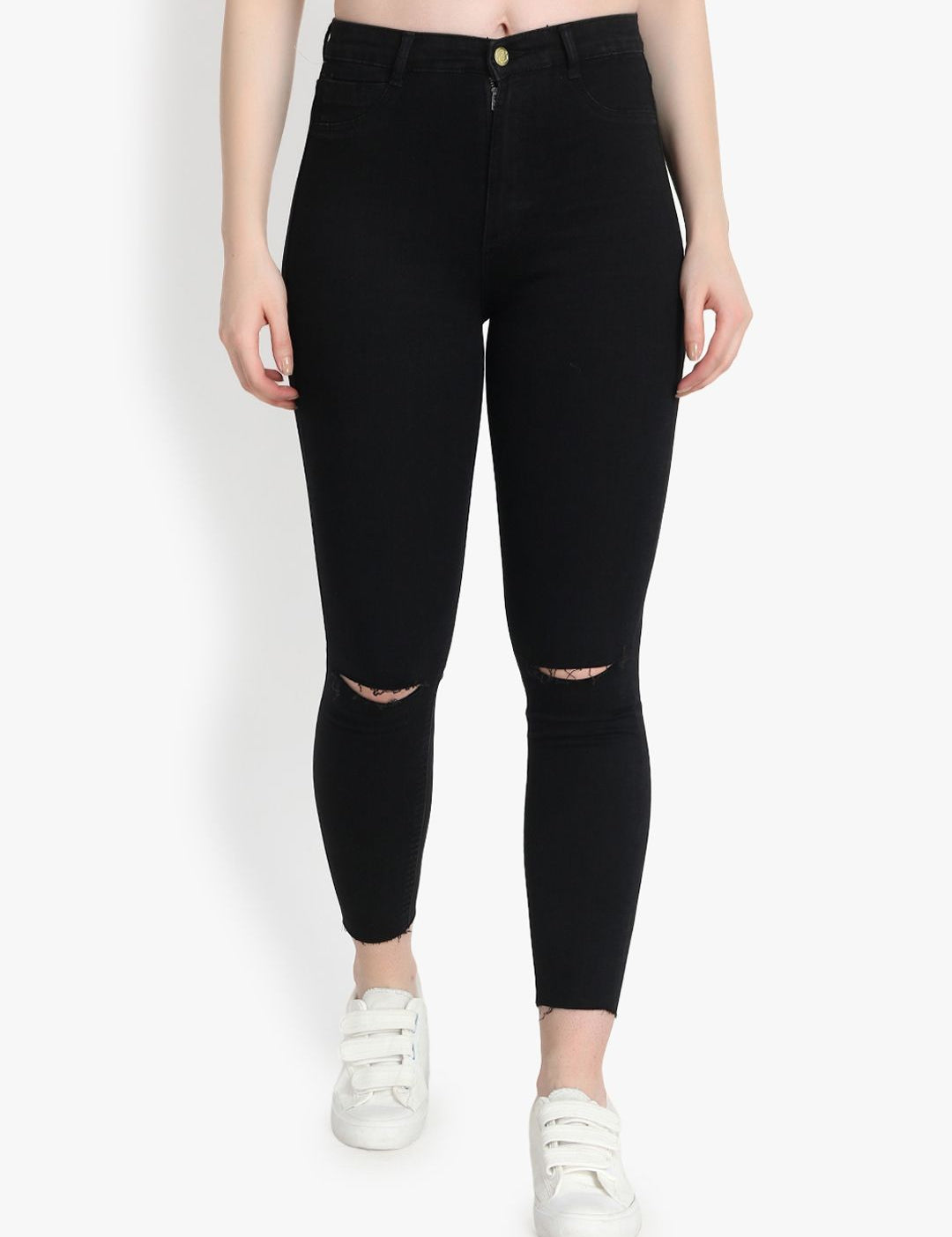 Kotty Women Black Skinny Fit High-Rise Slash Knee Jeans