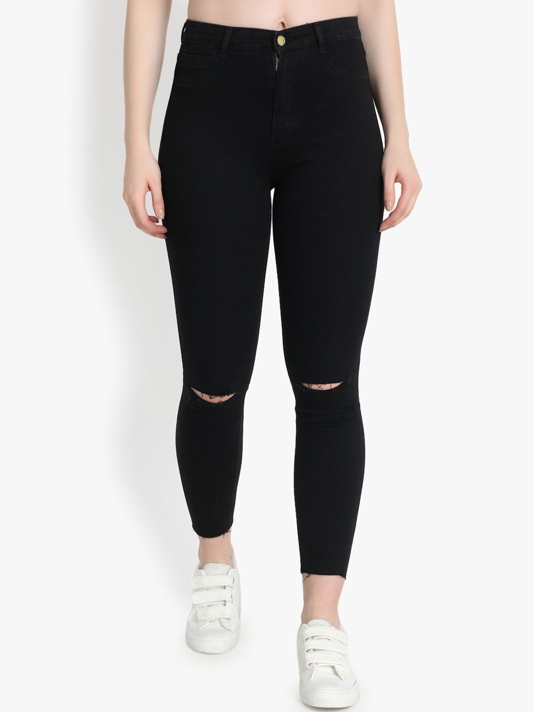 Kotty Women Black Skinny Fit High-Rise Slash Knee Jeans