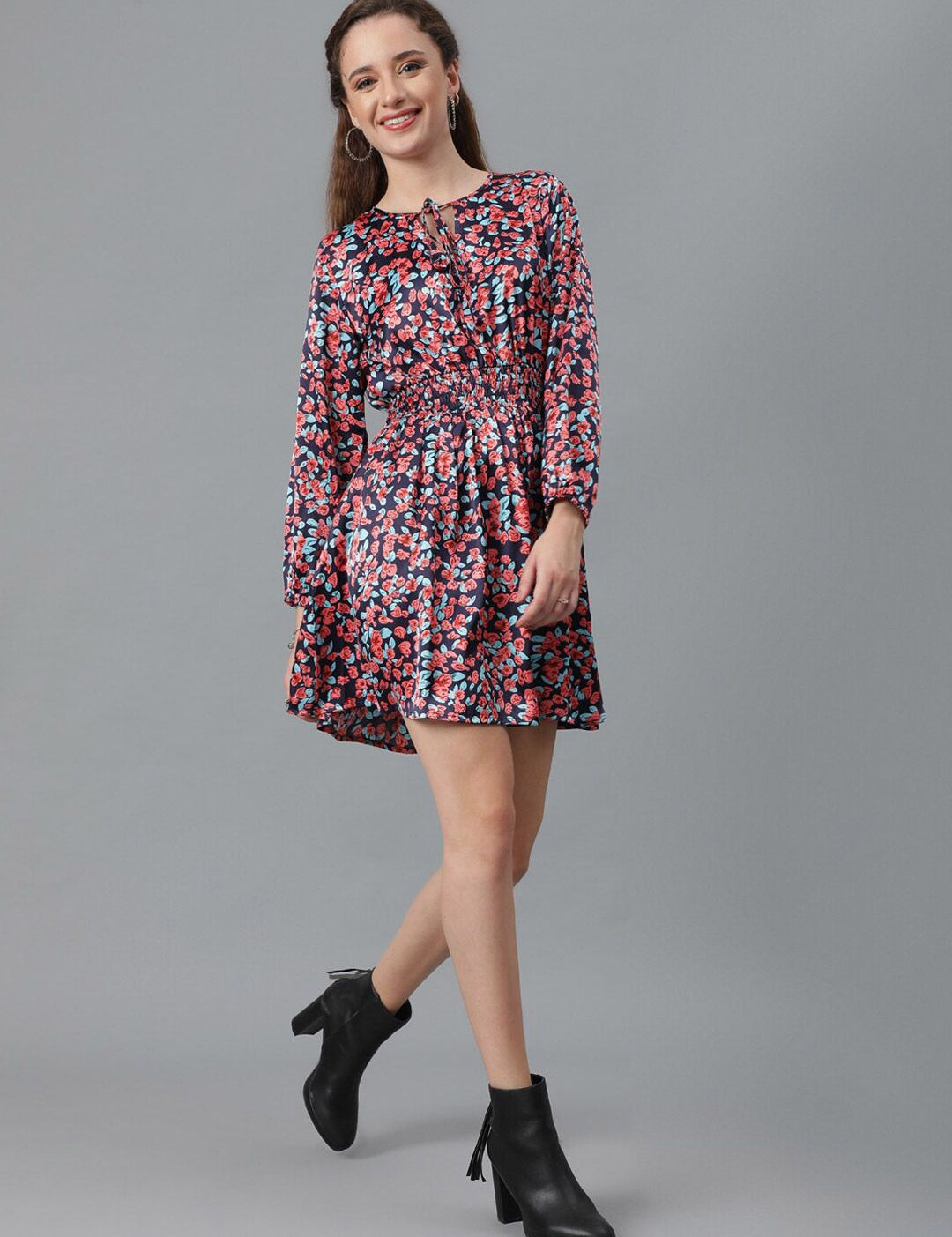 Kotty Navy Blue & Red Floral Printed Tie Up Neck Crepe Smocked Fit & Flare Dress