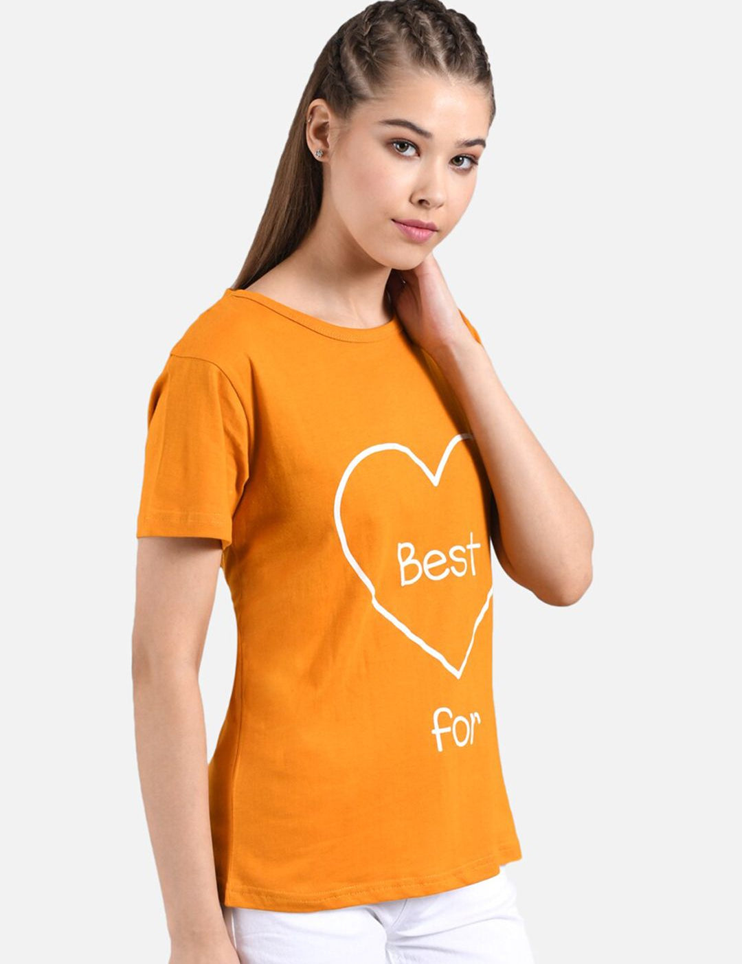 Kotty Orange & White Graphic Printed Round Neck Regular Fit Cotton Casual T-Shirt