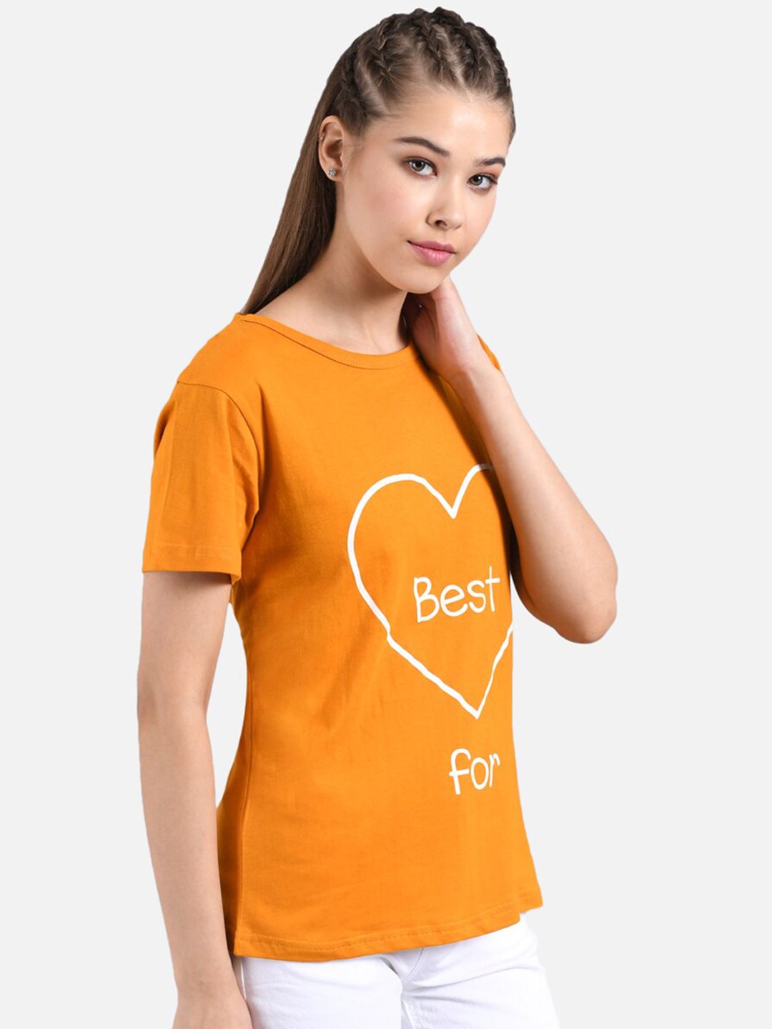 Kotty Orange & White Graphic Printed Round Neck Regular Fit Cotton Casual T-Shirt