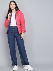 Kotty Women Pink Solid Outdoor Parka Jacket with Faux Fur Trim