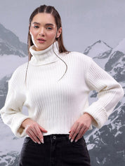 Kotty Women High Neck Striped Crop Pullover