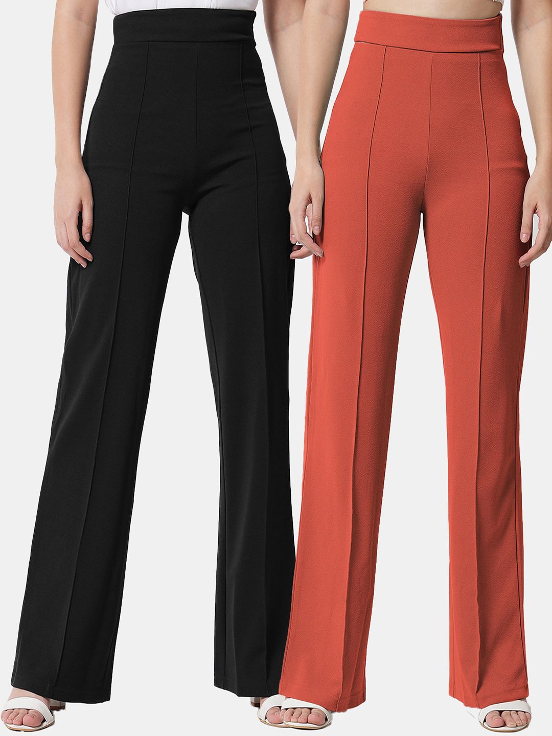 Kotty Women Pack Of 2 Relaxed Straight Leg High-Rise Easy Wash Trousers