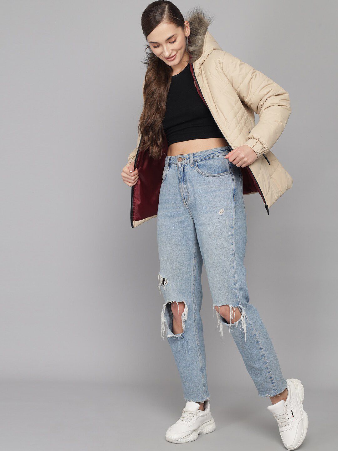 Kotty Women Beige Solid Longline Puffer Jacket