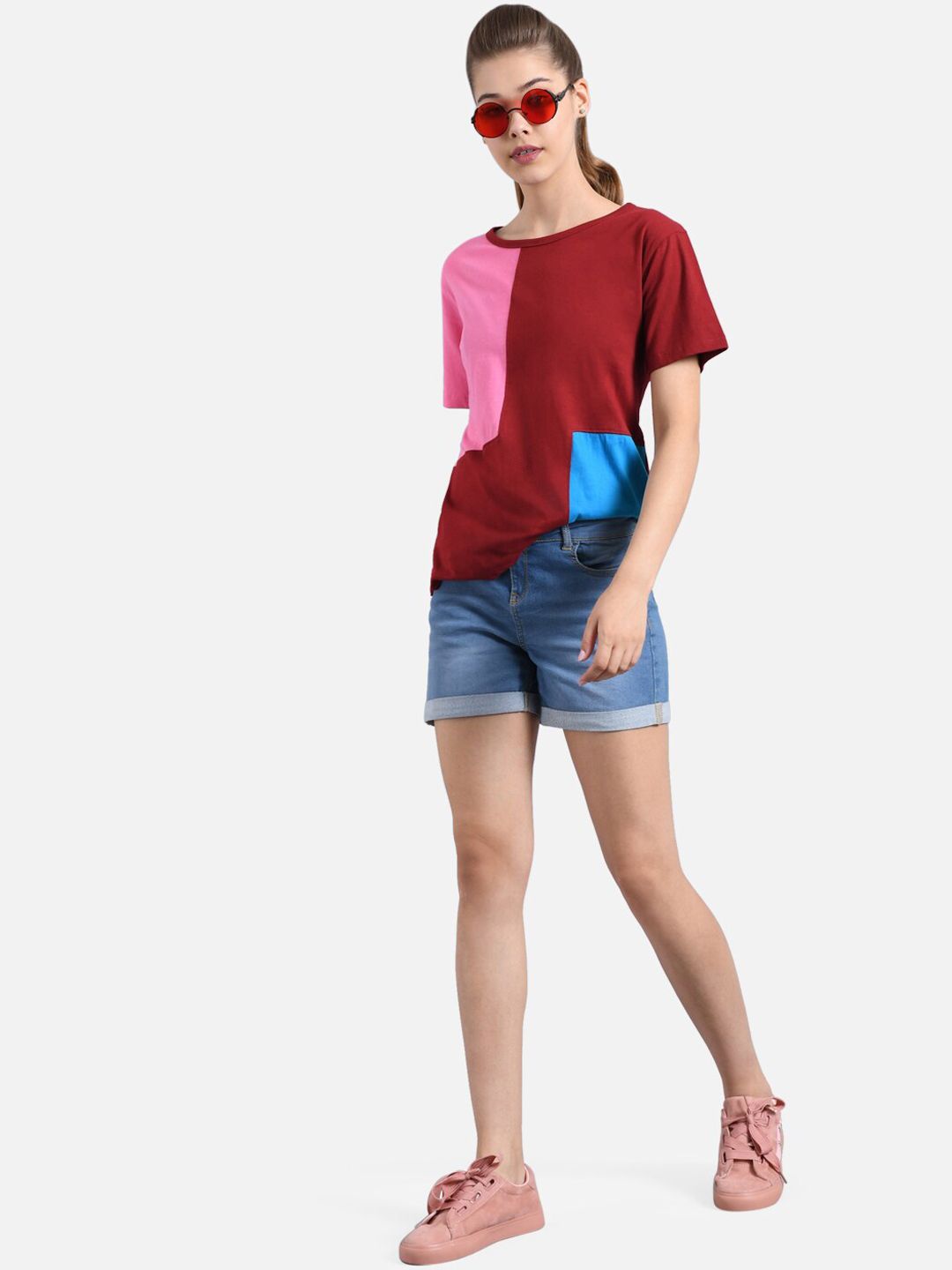 Kotty Women Maroon & Turquoise Blue Colourblocked Round Neck T-shirt