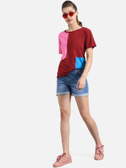 Kotty Women Maroon & Turquoise Blue Colourblocked Round Neck T-shirt