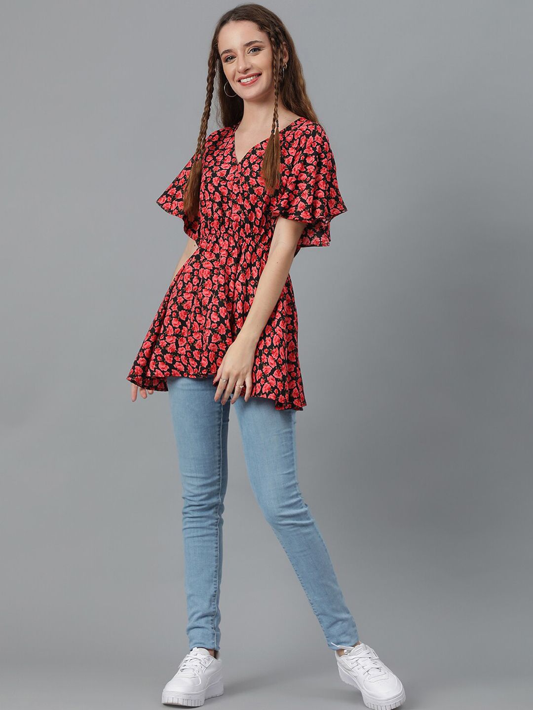 Kotty Red & Black Floral Printed Flared Sleeves Wrap Longline Top