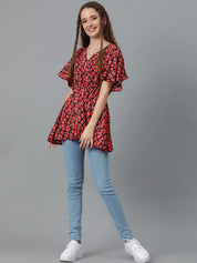 Kotty Red & Black Floral Printed Flared Sleeves Wrap Longline Top