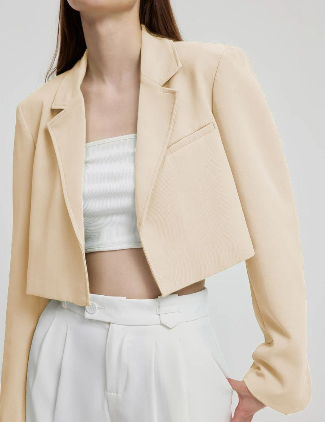 Kotty Beige Crop Notched Lapel Collar Regular Fit Blazer