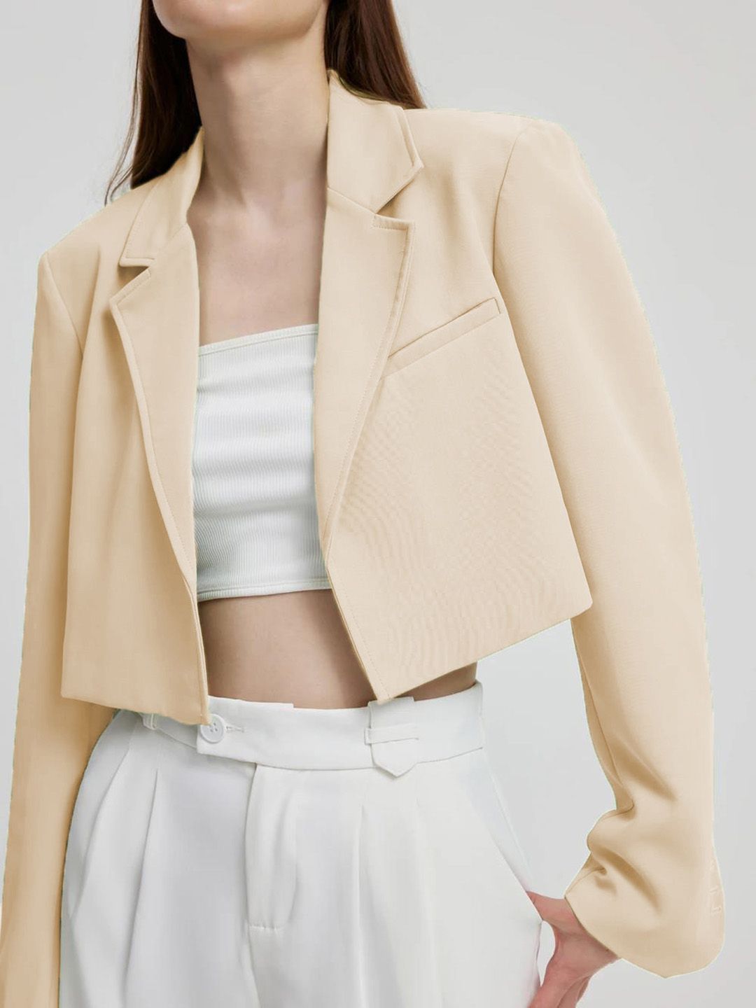 Kotty Beige Crop Notched Lapel Collar Regular Fit Blazer