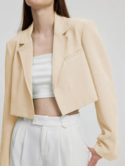 Kotty Beige Crop Notched Lapel Collar Regular Fit Blazer