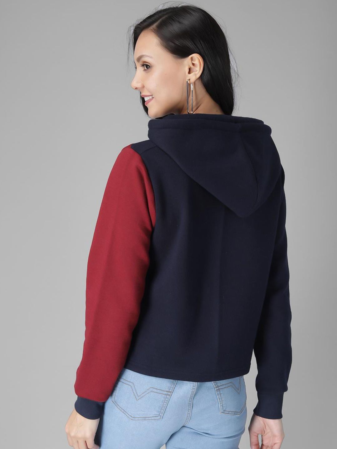 Kotty Women Black & Maroon Colourblocked Hooded Sweatshirt