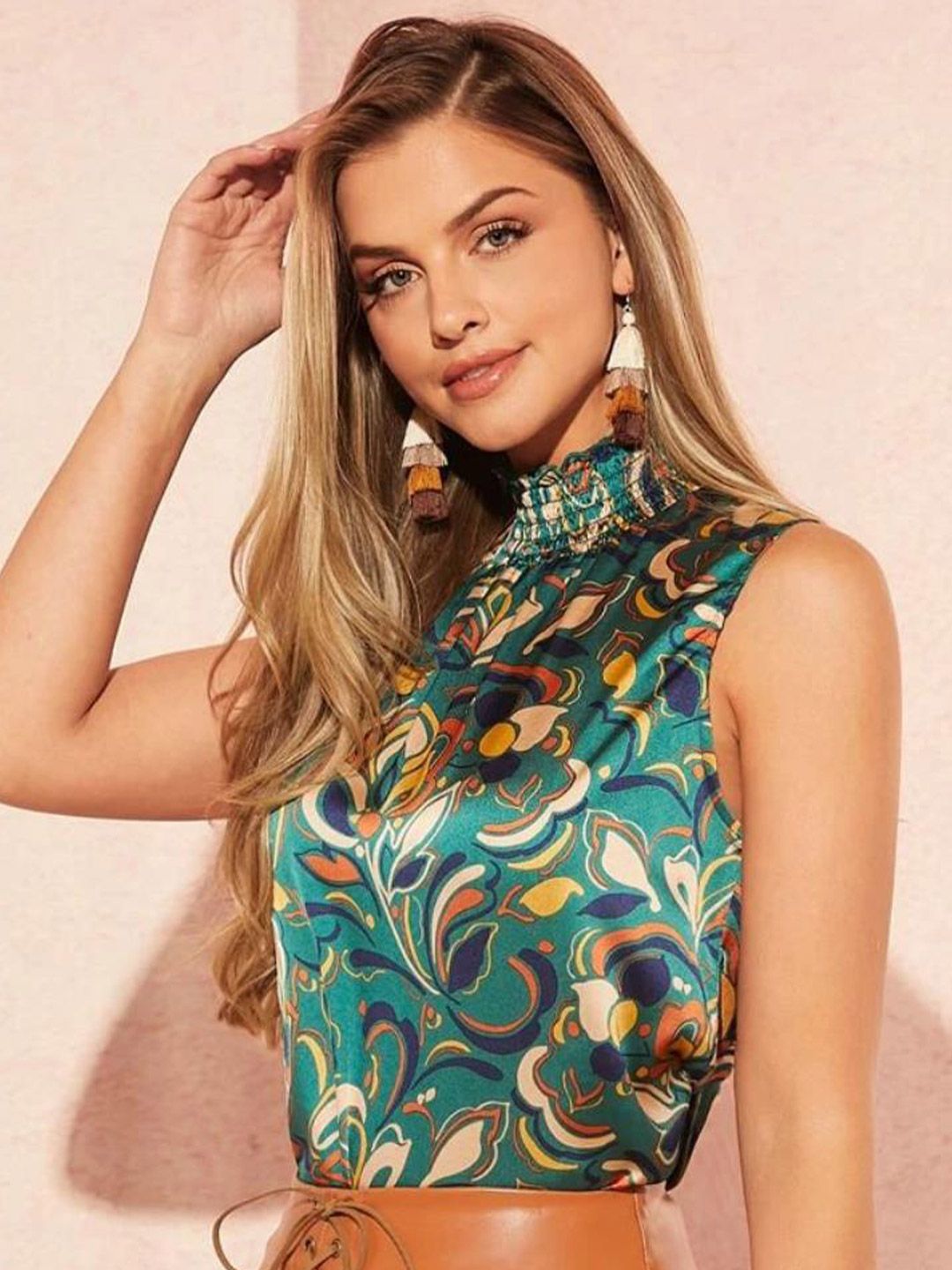 Kotty Green & Beige Floral Print High Neck Sleeveless Smocked Satin Top