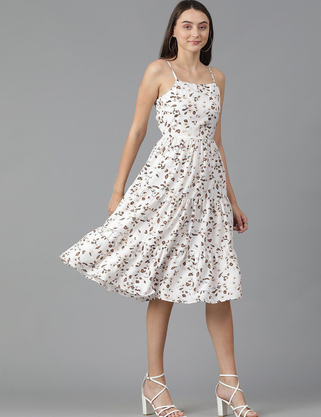 Kotty Floral Printed Shoulder Straps Sleeveless Layered Fit & Flare Dress