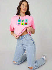 Kotty Pink Printed Round Neck Drop-Shoulder Sleeves Crop Oversized T-shirt