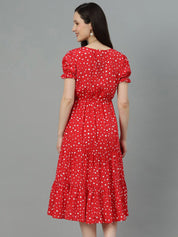 Kotty Red Polka Dot Print Puff Sleeve Fit & Flare Midi Dress