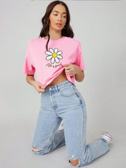 Kotty Round Neck  Drop-Shoulder Sleeves Graphic Printed Oversized Crop T-shirt