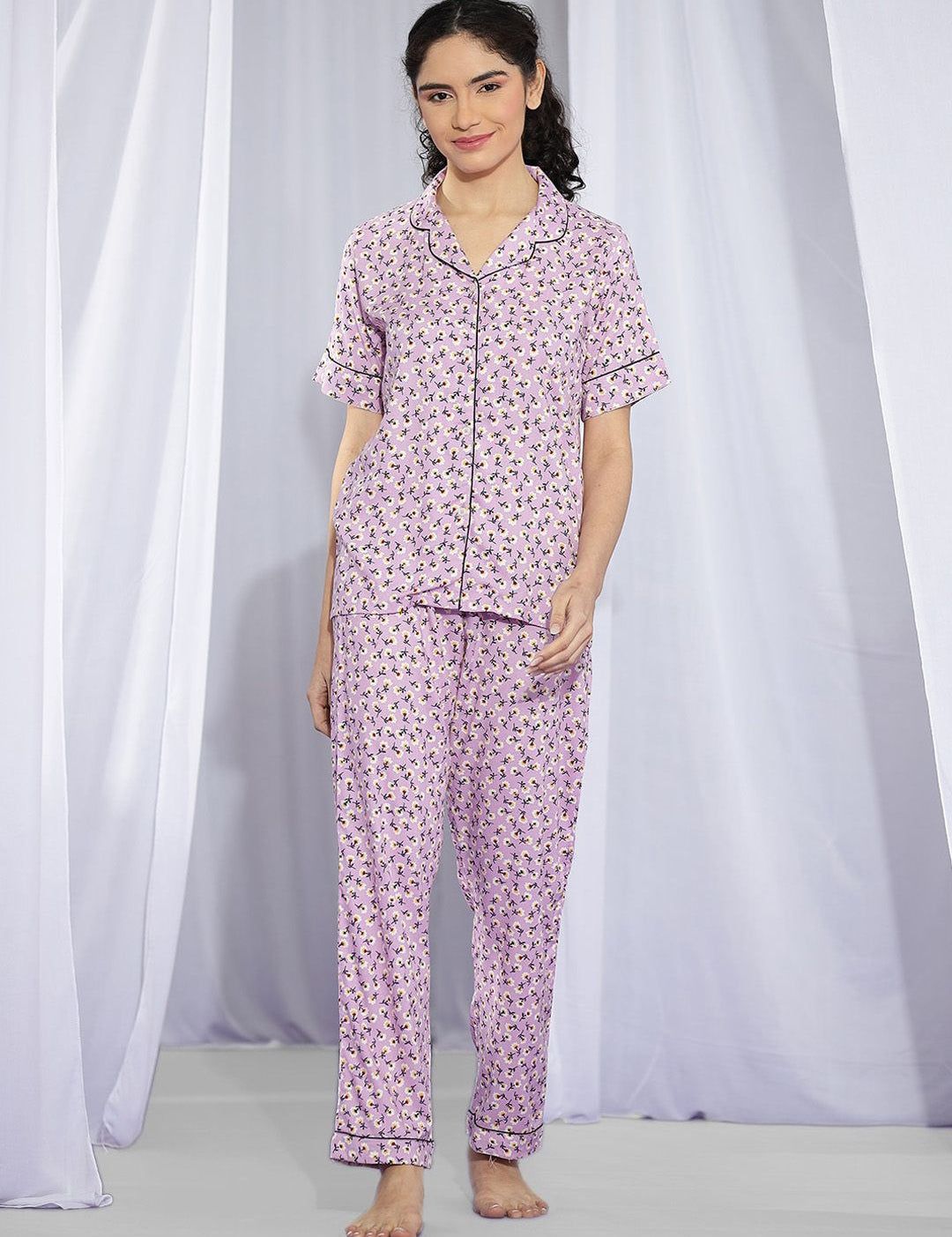 Kotty Purple & White Floral Printed Night Suit